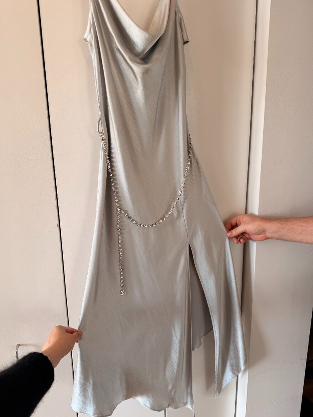 Beautiful silver satin cocktail dress with sexy slit & embellished belt- size 6